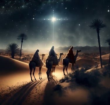 3 Wise Men riding in desert