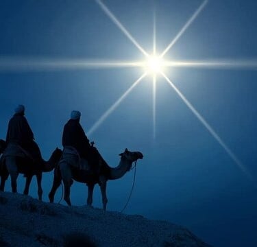 3 wise Men riding camels toward Star of Bethlehem