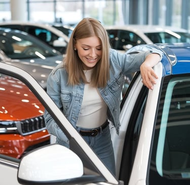 mujer comprando un automóvil en concesionario