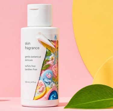 White bottle of botanical skin fragrance skincare on a pink and yellow background with a green leaf.
