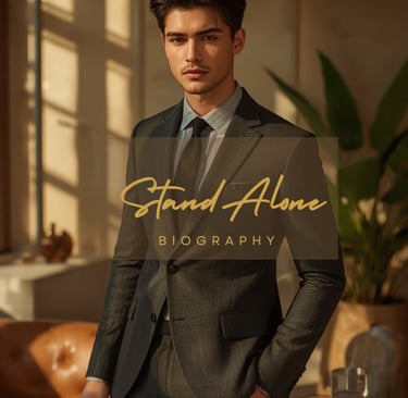 a man in a suit and tie with a suit and tie with the words Professional Biography