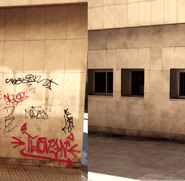 Antes y después de la eliminación de graffiti en Málaga con protección anti-graffiti.