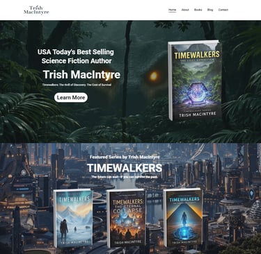 screenshot of a sample author webpage featuring the Timewalkers book