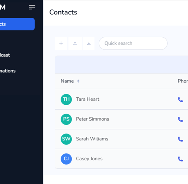 screenshot of the CRM system showing the contact list
