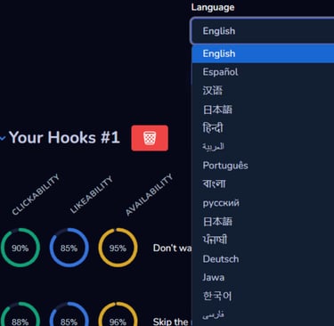 screenshot of some laungages that are supported