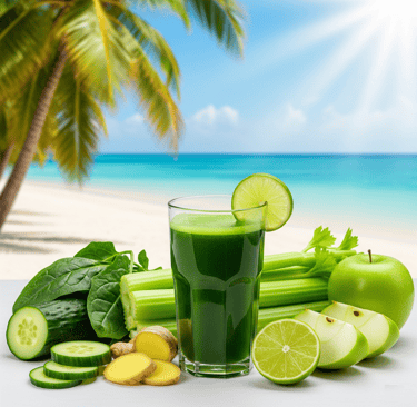 a glass of juice with a green apple juice