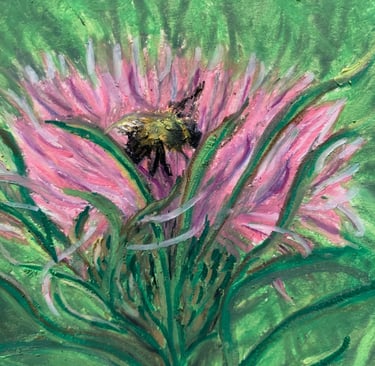 oil pastel drawing of a bee on a pink and purple thistle flower with a green grass background