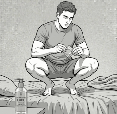Male cartoon with condom in hand squatting on bed