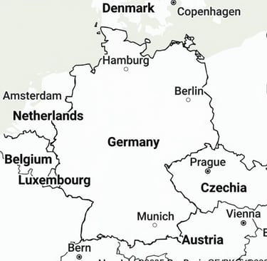 Image of outline map of Germany with cities and surrounding countires