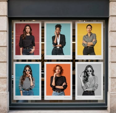 A grid of posters featuring bold, geometric typography in various colors. Some posters have words that are partially obscured or peeled. The background colors include blue, yellow, and beige, with different text orientations. One poster appears to be partially peeled back to reveal a layer underneath.