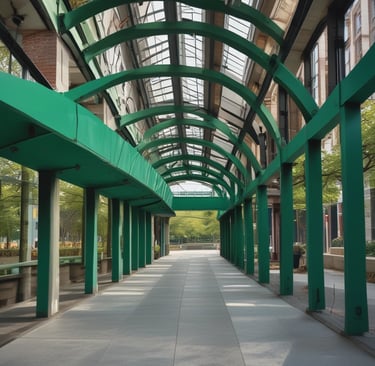 An architectural structure with curved, metallic elements is shown, prominently featuring the BMW logo against a backdrop of blue-tinted glass and gray steel beams. Green trees add a touch of nature to the sleek, modern design.