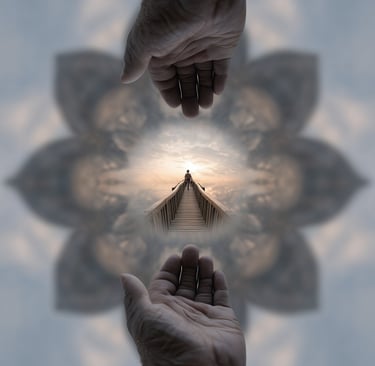 two hands holding hands with a person standing on a bridge