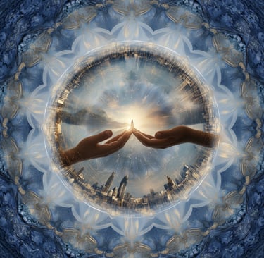two hands holding hands with a sun in the background