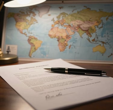 Distribution agreement on a table with a pen, world map in the background.