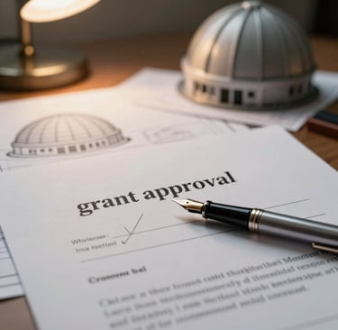 Approved grant application letter with a pen on top, dome blueprint blurred behind.