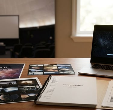 Marketing materials for a fulldome show: poster, stills, script, laptop, dome behind.