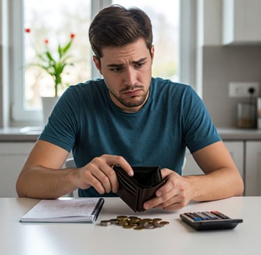 a man sitting at a table with a wallet and a wallet