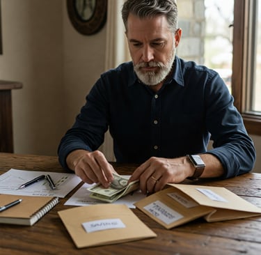 a man sitting at a table with money