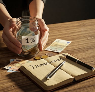 a person holding a jar with money and a pen