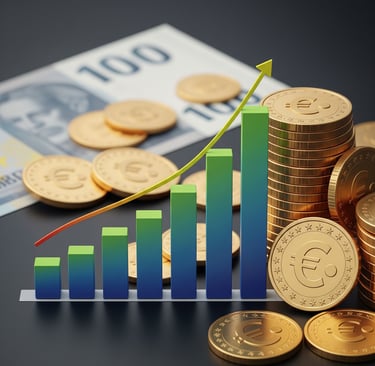 Gráfica de barras ascendentes junto a varias monedas  concepto de ingresos pasivos