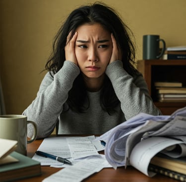 Mujer con expresion de preocupacion revisando facturas