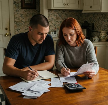 Una pareja revisando facturas en la mesa de la cocina, con una libreta abierta para anotar gastos 