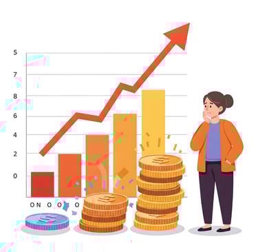 Ilustración de un gráfico de barras ascendentes junto a monedas que pierden valor, con una persona o