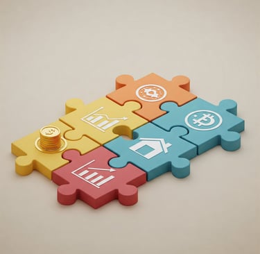 “Varias piezas de un puzzle encajando, cada una con un icono diferente (bono, acción, inmueble, crip