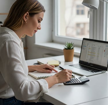 Mujer calculando gastos con un portatil calculadora y libreta