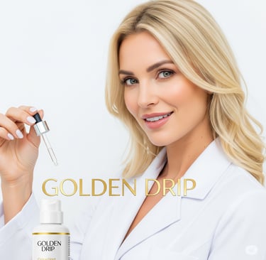 a woman in a white lab coat holding a bottle of golden droplet