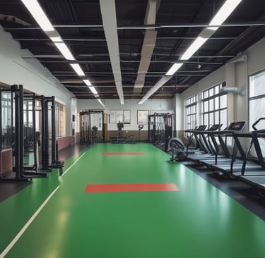 A beautifully arranged geometric wooden floor design featuring intricate patterns leading to a central octagonal shape. The wood has a light brown finish with visible grain, and the floor is supported by decorative columns with colorful accents. In the background, there are metal railings with detailed patterns, and a few trees and greenery are visible.