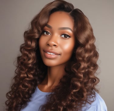 Bundles of straight hair extensions in two colors, dark brown and light blonde, secured with yellow bands. A metal ring holds sample strands with a tag attached, all placed on a soft, white furry surface.