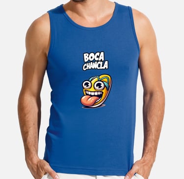 Camiseta con ilustración de chancla con cara y lengua fuera. Juego de palabras: Boca chancla.