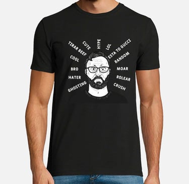 a man with a beard and glasses on a black shirt