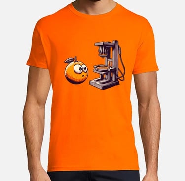 a man in a orange shirt with a computer on his face