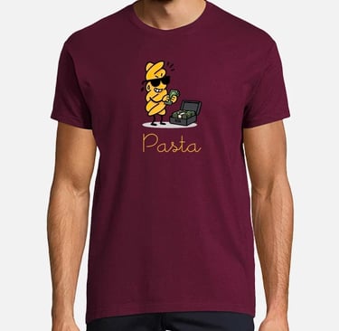 a man in a red shirt is holding a plate with pasta