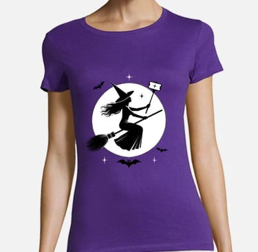 a woman in a purple shirt is flying a broom