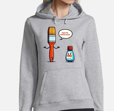 a woman in a gray hoodie with a paintbrush and a paintbrush