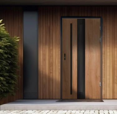 a wooden door with a wooden door and a brick wall