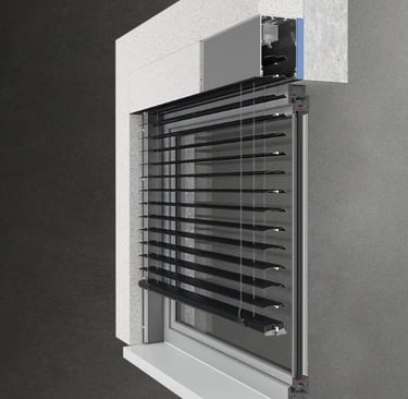 a window with blinds and blinds in a room