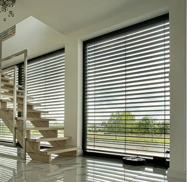 a staircase casement with blinds and blinds