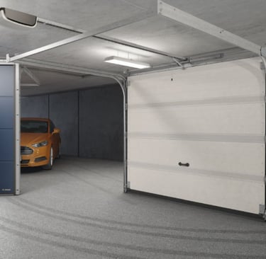 a garage door with a yellow car parked in front of it