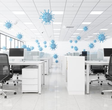 Virus particles floating in an office with desks and chairs.