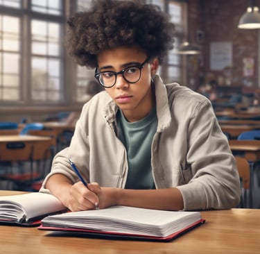 a teenager sits in a library, studying and looking pensive