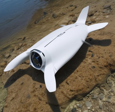 Underwater shot of the Aquabotia drone gliding near riverbed plants with its 4K camera capturing vibrant aquatic life.