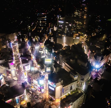 a cityscape of a city at night as viewed from Shibuya Sky