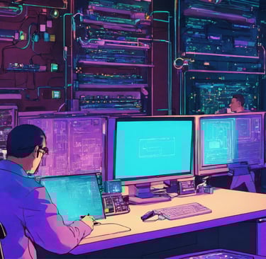a man sitting at a desk with a laptop working on master data management