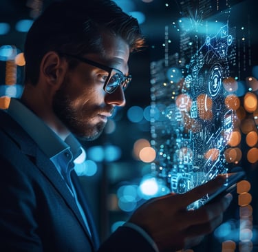 a man in a suit and glasses holding a cell phone using generative AI 