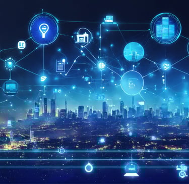 a cityscape with cloud based technology integration