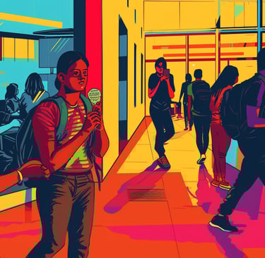 a group of people walking down a hallway being engaged with personalized content